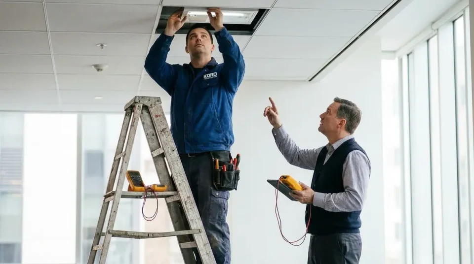Maintenance worker on a ladder installs a ceiling panel as his colleague signals and holds a multimeter in a bright office.